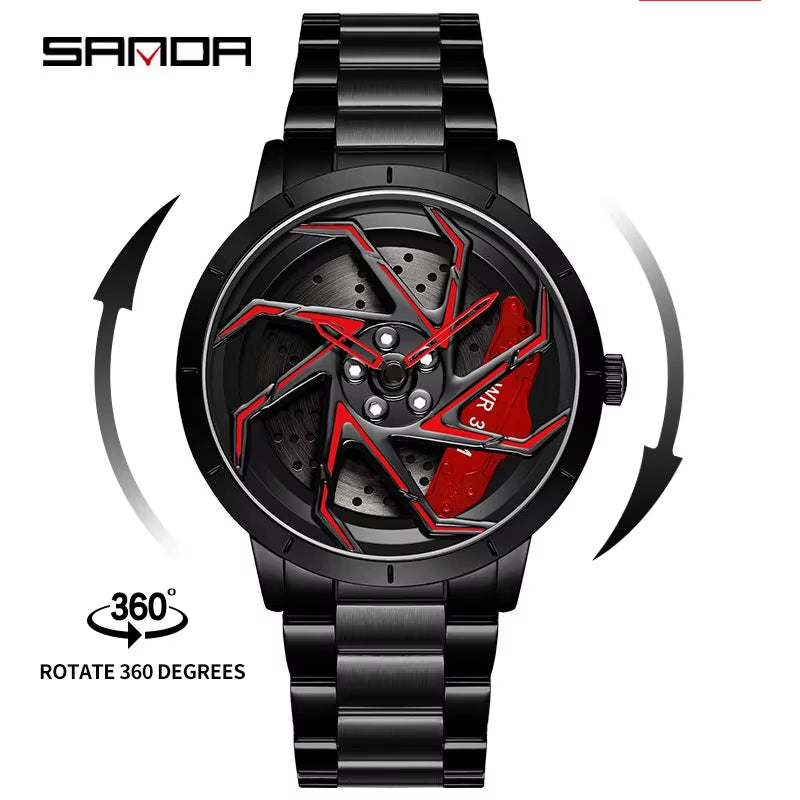 P1088 Hot Sell Stainless Steel Band Watch Premium Quartz Movement Car Rim Wheel Shaped Rotating Dial Relogio Masculino