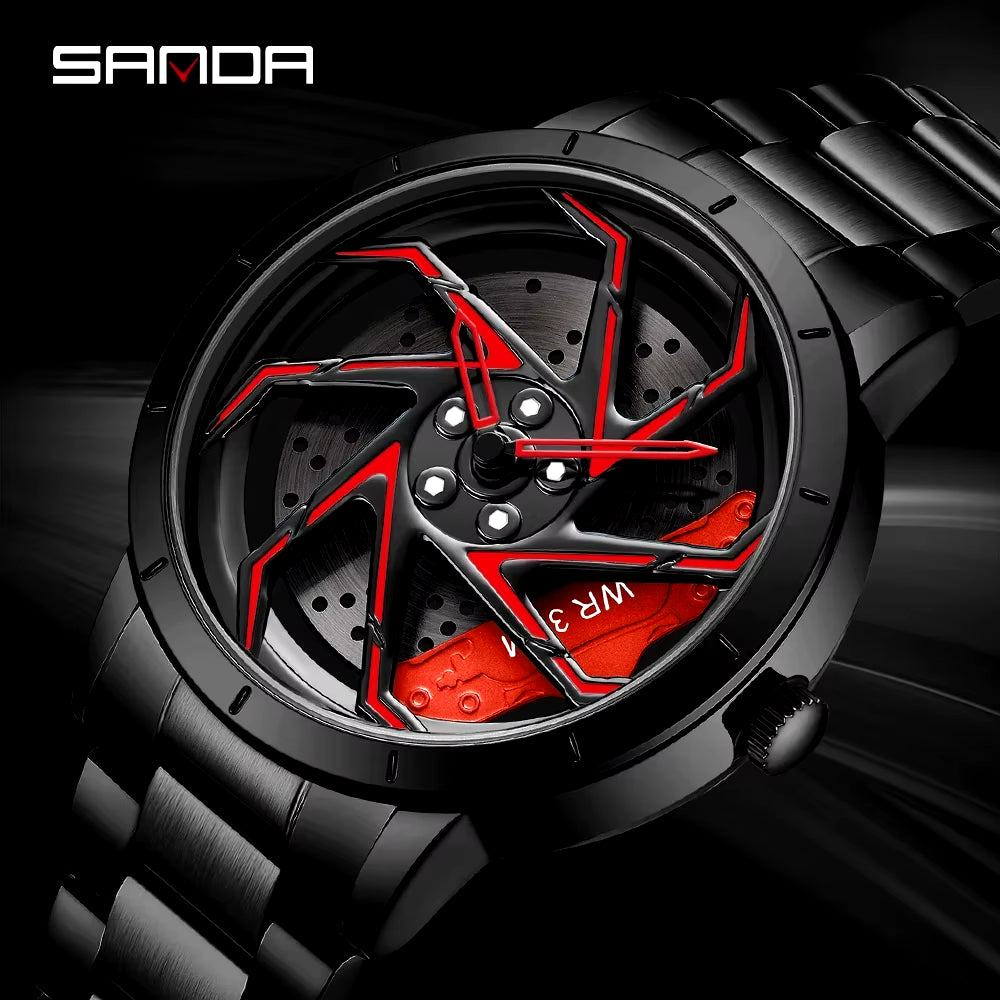 P1088 Hot Sell Stainless Steel Band Watch Premium Quartz Movement Car Rim Wheel Shaped Rotating Dial Relogio Masculino