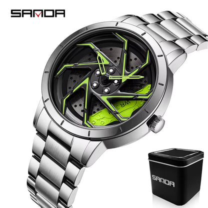 P1088 Hot Sell Stainless Steel Band Watch Premium Quartz Movement Car Rim Wheel Shaped Rotating Dial Relogio Masculino