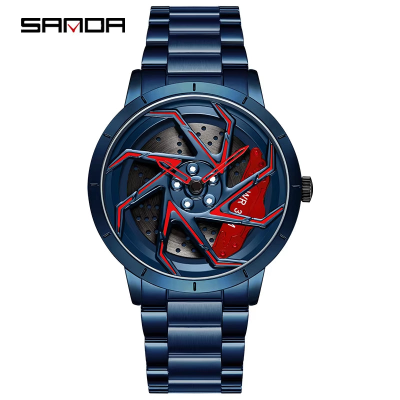 P1088 Hot Sell Stainless Steel Band Watch Premium Quartz Movement Car Rim Wheel Shaped Rotating Dial Relogio Masculino