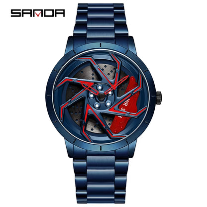 P1088 Hot Sell Stainless Steel Band Watch Premium Quartz Movement Car Rim Wheel Shaped Rotating Dial Relogio Masculino