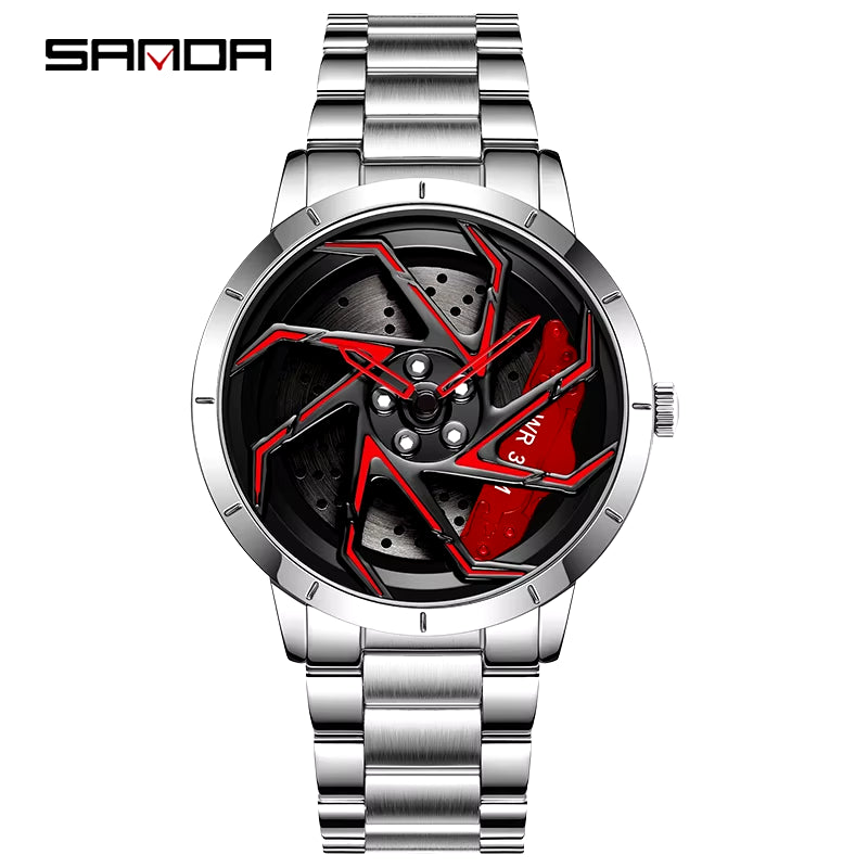 P1088 Hot Sell Stainless Steel Band Watch Premium Quartz Movement Car Rim Wheel Shaped Rotating Dial Relogio Masculino