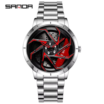 P1088 Hot Sell Stainless Steel Band Watch Premium Quartz Movement Car Rim Wheel Shaped Rotating Dial Relogio Masculino