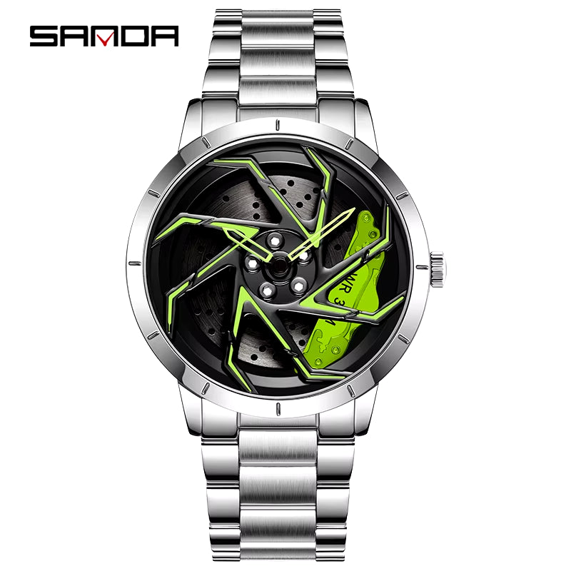 P1088 Hot Sell Stainless Steel Band Watch Premium Quartz Movement Car Rim Wheel Shaped Rotating Dial Relogio Masculino