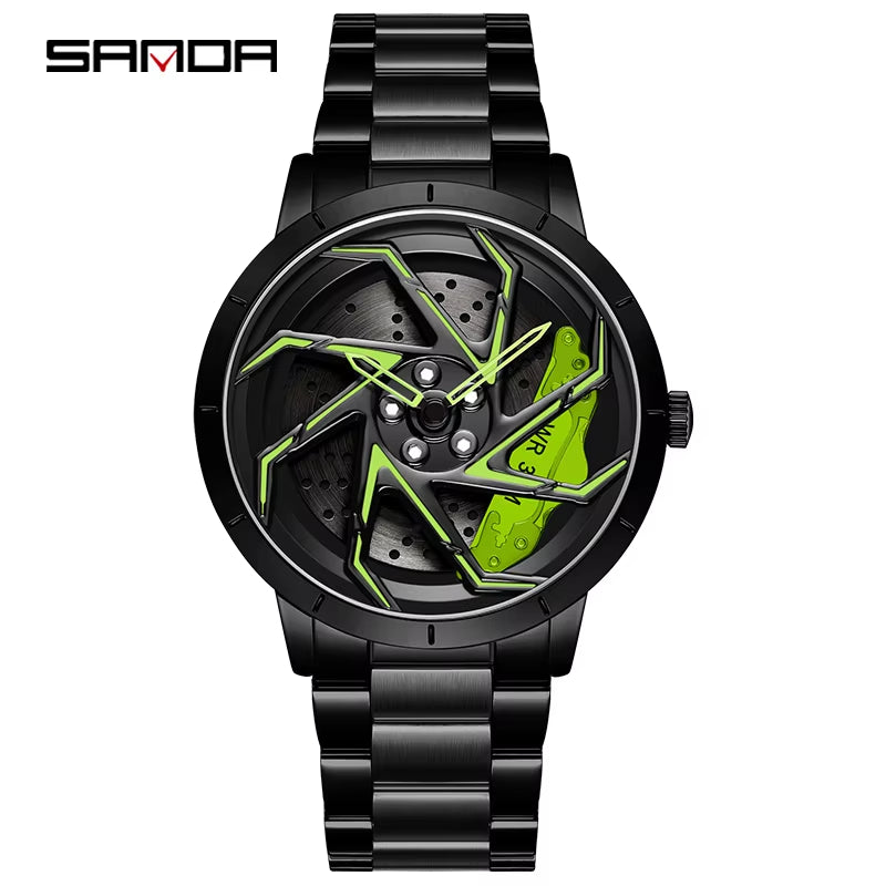 P1088 Hot Sell Stainless Steel Band Watch Premium Quartz Movement Car Rim Wheel Shaped Rotating Dial Relogio Masculino