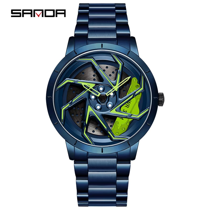 P1088 Hot Sell Stainless Steel Band Watch Premium Quartz Movement Car Rim Wheel Shaped Rotating Dial Relogio Masculino