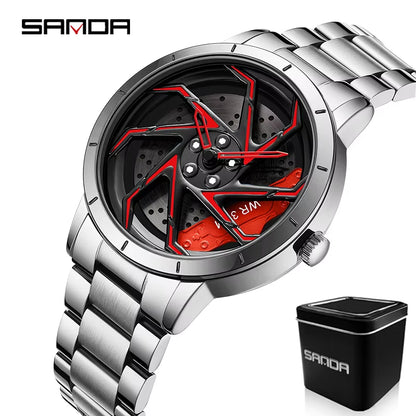 P1088 Hot Sell Stainless Steel Band Watch Premium Quartz Movement Car Rim Wheel Shaped Rotating Dial Relogio Masculino